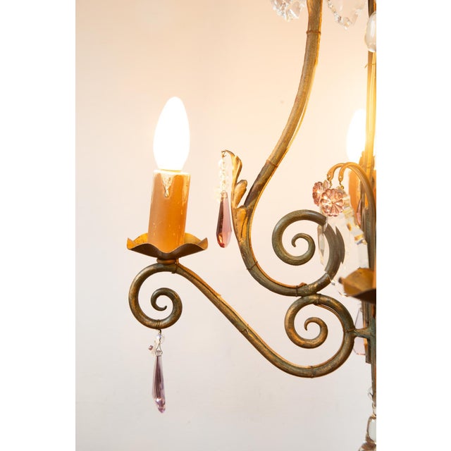Antique French Chandelier in Iron, Green and Gold Crystals, 1900 For Sale - Image 3 of 10