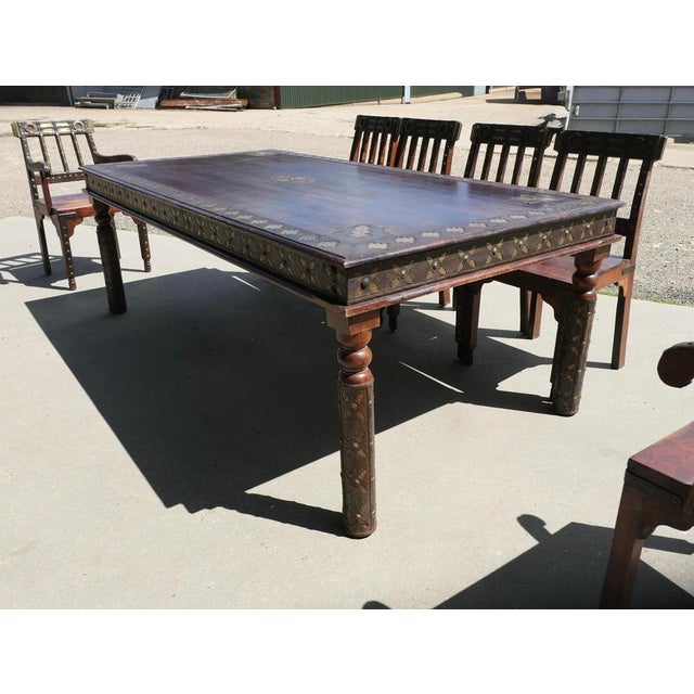 Anglo-Indian Raj Table and Chairs with Metal Decor, 1920s, Set of 11 For Sale - Image 3 of 11