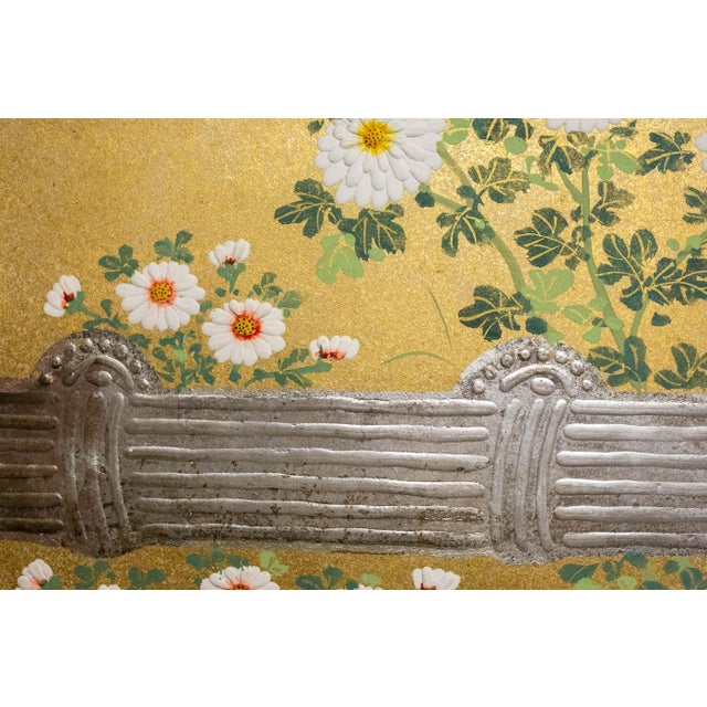 Japanese Rimpa Two-Panel Screen With Chrysanthemums and Silver Twig Fence, Late 19th Century For Sale - Image 10 of 10