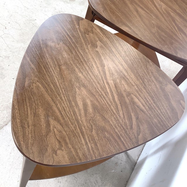 Pair of Walnut-Finish Two-Tier Triangular End Tables, Mid-Century Modern Style For Sale In Philadelphia - Image 6 of 12