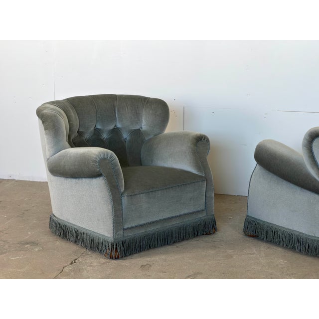 Danish Lounge Chairs in Grey-Blue Velvet in the style of Fritz Hansen, 1940s, Set of 2 For Sale - Image 9 of 12