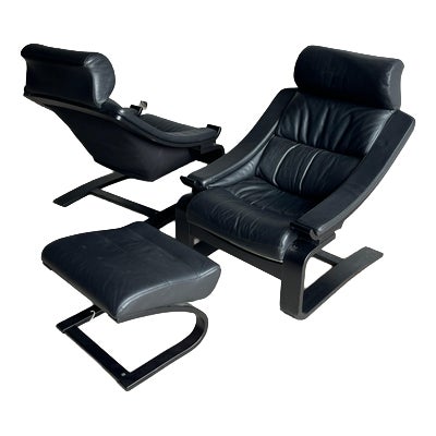 Kroken Lounge Chairs and Ottoman in Black Leather by Åke Fribytter for Nelo, 1970s, Set of 3 For Sale