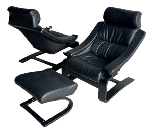 Kroken Lounge Chairs and Ottoman in Black Leather by Åke Fribytter for Nelo, 1970s, Set of 3