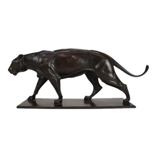 1920s German Christian Aeckerlin Bronze Striding Lioness Sculpture, Chocolate Patina For Sale