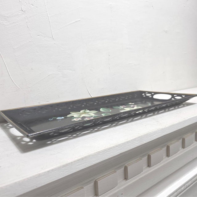 1950s Old World English Toleware Bar Cart Tray, Grandmacore Living Room Ottoman Decor For Sale - Image 5 of 15