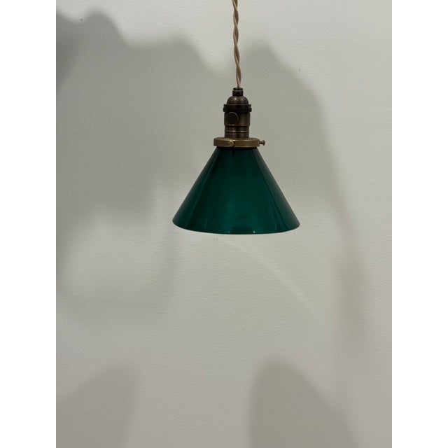 Industrial Vintage Green Glass Pendant Light With Brass Socket For Sale - Image 3 of 9