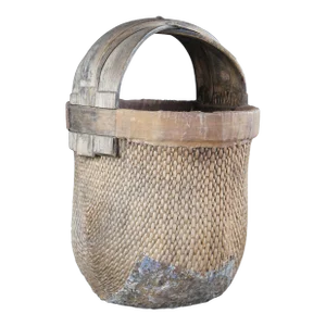Late 19th Century Antique Chinese Hand Woven Willow Rice Gathering Basket Bentwood Handle Bucket