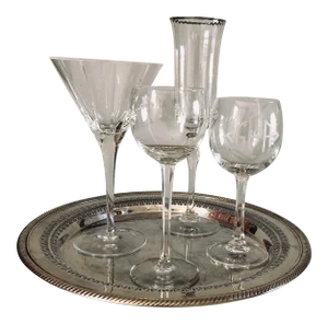Vintage Wm Rogers Silver Tray With Mixed Sized Crystal Bar Glasses S/5