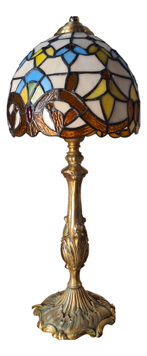 Gilded Bronze Lamp with Leaded Stained Glass Lampshade, 1960