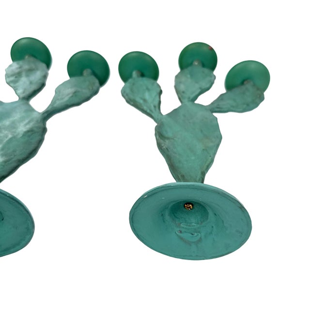Vintage 1990s Pair of (2) Turquoise Prickly Pear Cactus Candelabras Metal Candle Stick Holders For Sale - Image 16 of 17
