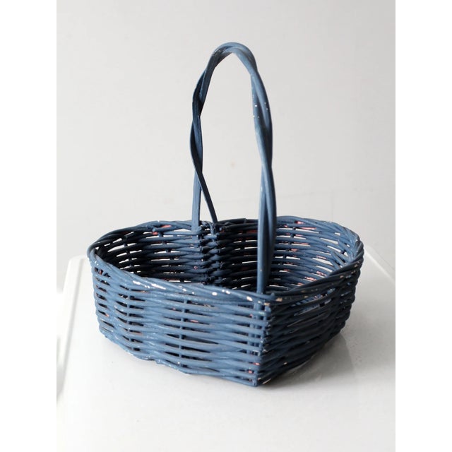 Farmhouse Vintage Heart Shaped Blue Basket For Sale - Image 3 of 6