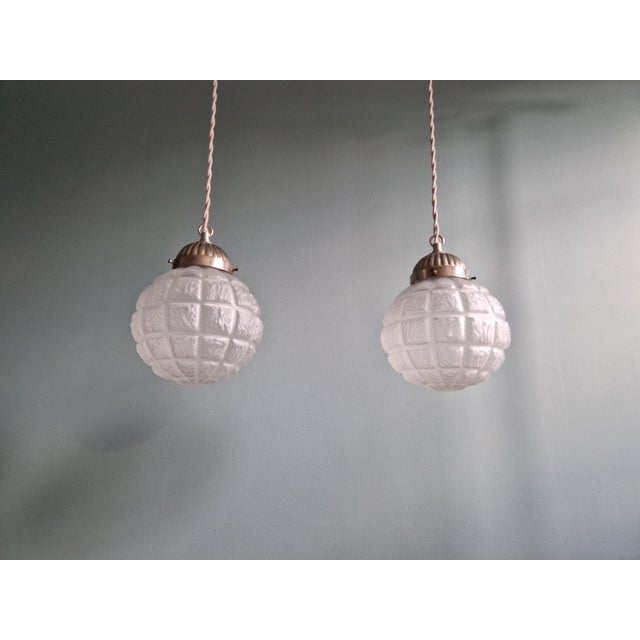 Art Deco Pendant Lights in Pressed Molded Frosted Glass, 1930s, Set of 2 For Sale - Image 14 of 16