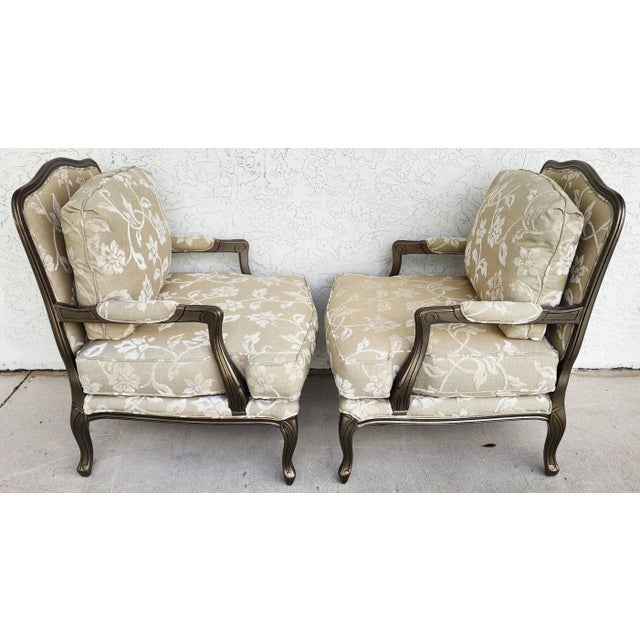 Textile Vintage French Louis XV Armchairs Damask Linen Pair For Sale - Image 7 of 16