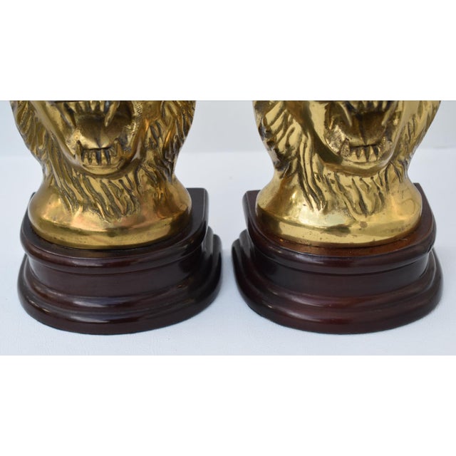 Gold Vtg. Pair of Brass Lion Head Traditional Style Bookends W/Wood Base For Sale - Image 8 of 12