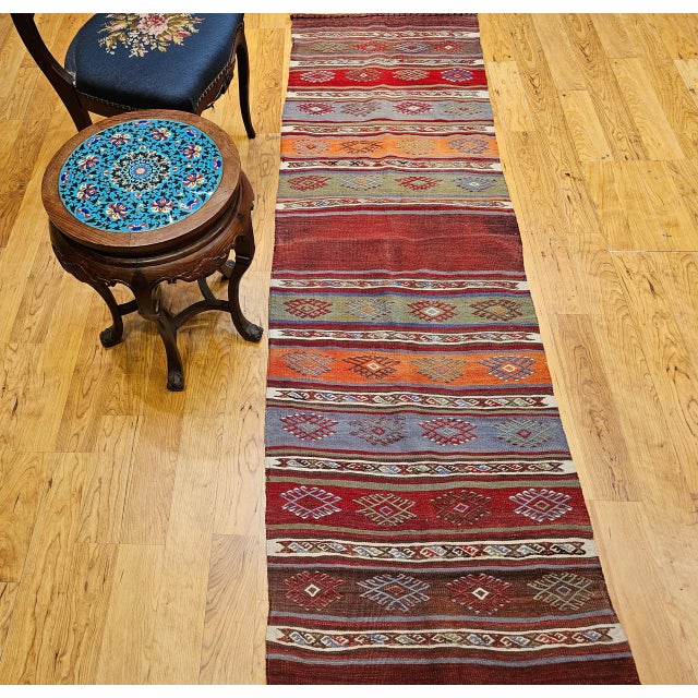 Vintage Moroccan Tribal Kilim Runner, Flat-Woven Wool, Geometric Stripe Pattern, 2’ X 8’ For Sale In Chicago - Image 6 of 15