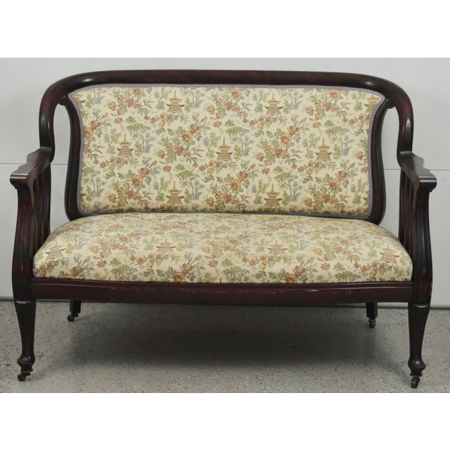 Victorian Mahogany Settee W Casters Chinoiserie Toile Fabric 19th Century For Sale - Image 11 of 11
