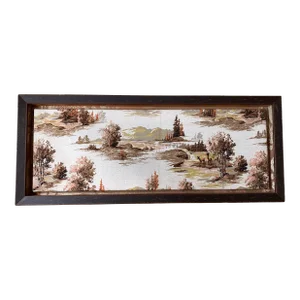 Custom Framed Vintage Toile Barkcloth Fragment Featuring Forest Scene With Deer