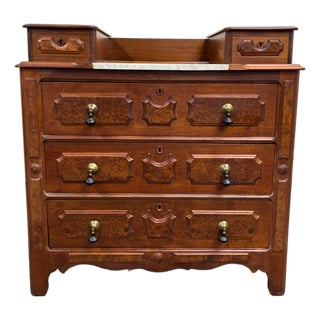 Antique Victorian Eastlake Burled Wood Marble Inlay Gentleman’s Dresser Commode For Sale