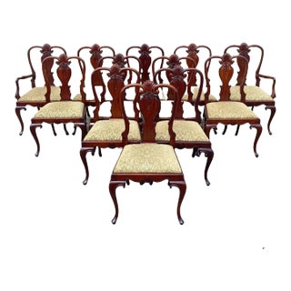 Late 20th Century Queen Anne Style Solid Mahogany Carved Fan T-Back Dining Chairs- Set of 12 For Sale