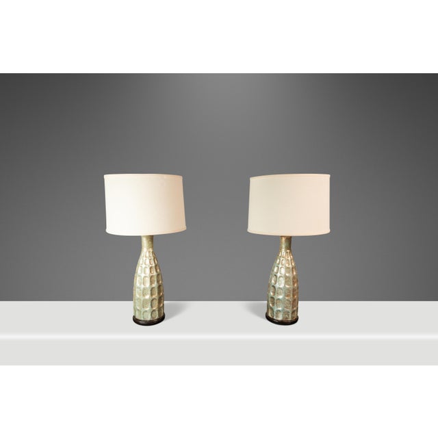 1970s Vintage Mid-Century Modern Textured Rough Glazed Ceramic Table Lamps C. 1970s - Set of Two (2) For Sale - Image 5 of 12