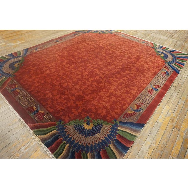 Art Deco Stupendous Claret Background Color Asymmetric Patterns Antique Chinese Art Deco Rug For Sale - Image 3 of 11