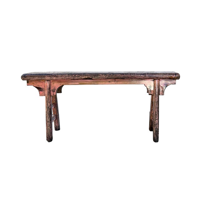 Distressed Rustic Pink Village Slim Narrow Wood Bench For Sale - Image 4 of 5
