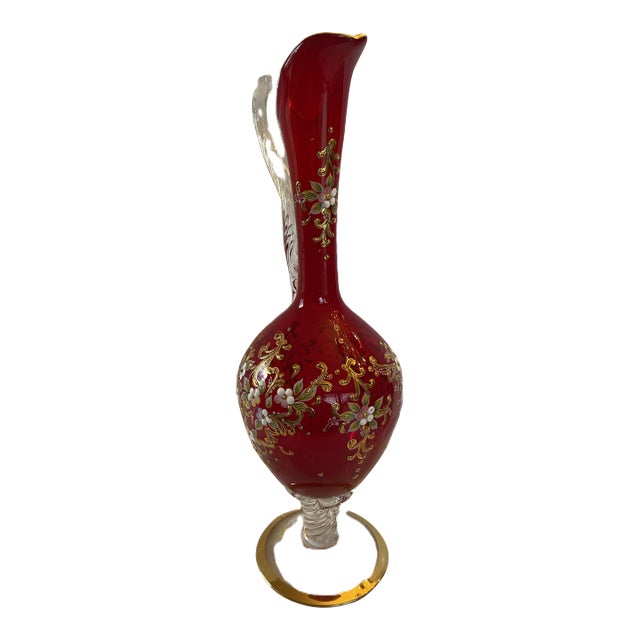 Murano Tre Fuochi Enameled Red & Gold-Hand-Blown Glass Carafe, Decanter For Sale