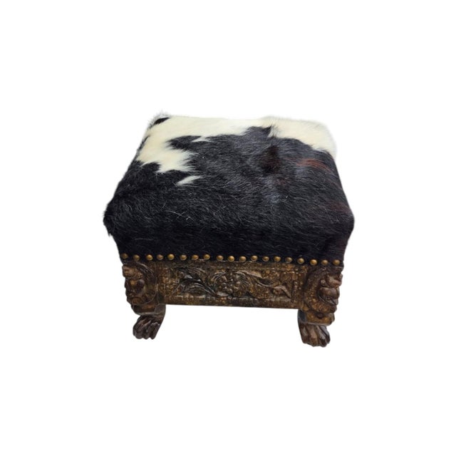 Oriental Carved Footstool With Cow Leather. For Sale In Philadelphia - Image 6 of 11