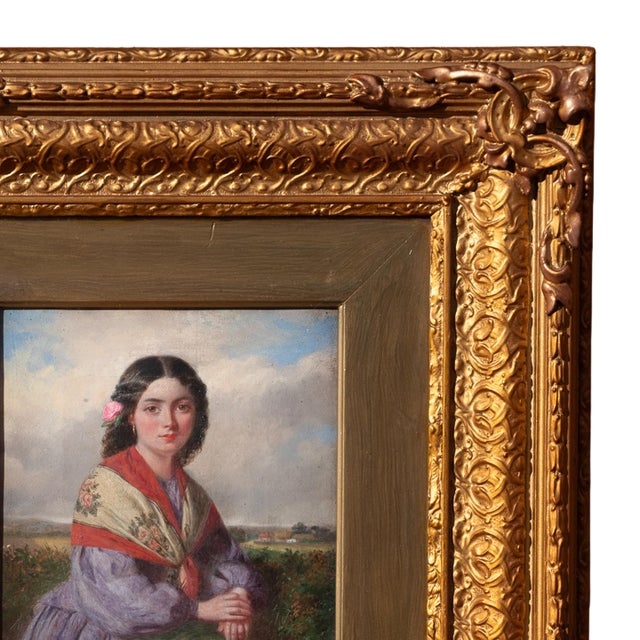 Gold Antique 19th Century Realism Landscape Portrait Oil Painting of a Beautiful Young Woman by Haynes King, 1860 For Sale - Image 8 of 13