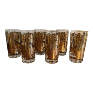 1960s Georges Briard 22k Gold Pineapple and Pear Highball Glasses- Set of 6