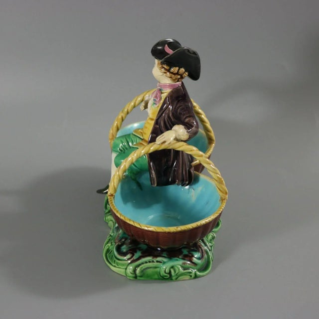 Victorian Rare Minton Majolica Figure With Baskets For Sale - Image 3 of 12