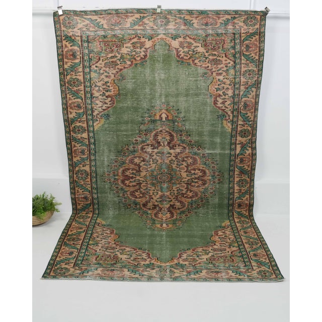 1970s Vintage Handmade Wool Cotton Green Area Rug For Sale In San Francisco - Image 6 of 12