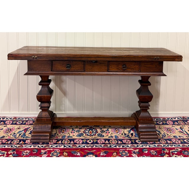 1920s Antique French Flip Top Envelope Library Table Console Sofa Entry Table Oak For Sale - Image 5 of 18