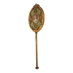 Vintage Gold Gilded Hand Mirror With Painted Portrait