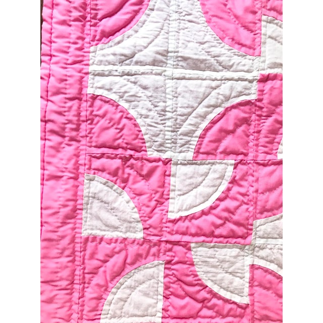 American Vintage Hot Pink and White Hand Sewn Quilt Pillow Case For Sale - Image 3 of 6