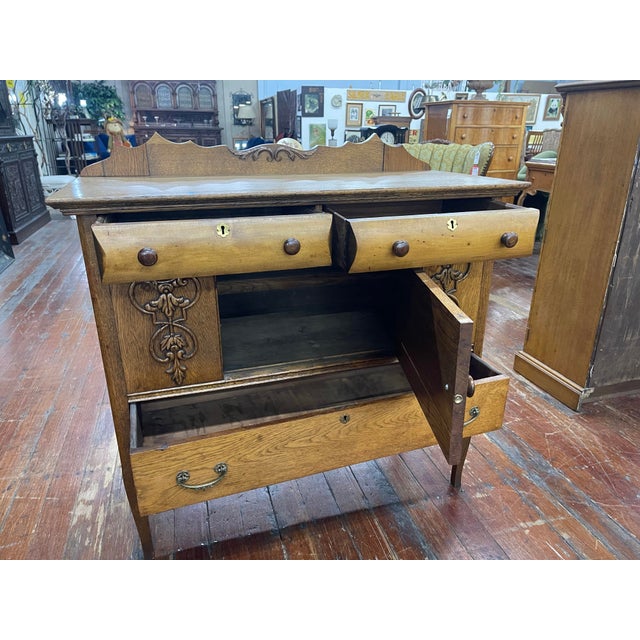American Antique Oak Sideboard With Carved Scrollwork and Serpentine Drawer For Sale - Image 3 of 6