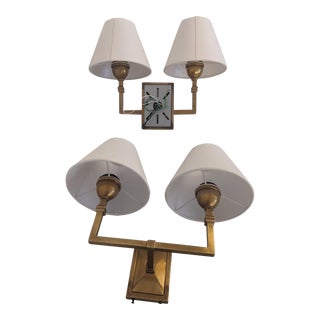 Alexa Hampton Jane Double Sconce Antique Brass With Linen Shade - A Pair For Sale