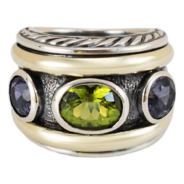 David Yurman 925 Silver 14k Yellow Gold Renaissance 3 Stone Cocktail Ring, Size 6 For Sale