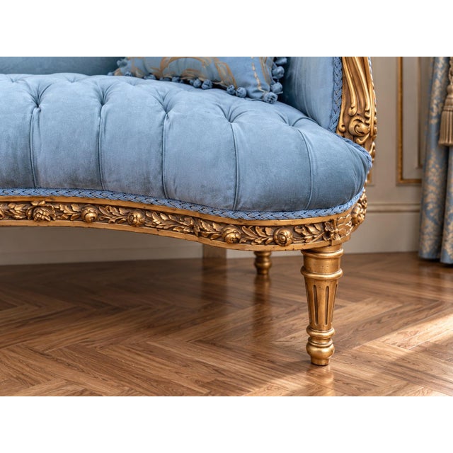 Wood 1920 French Artisan Louis XVI Gold Beech Velvet Settee For Sale - Image 7 of 11