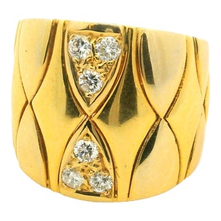 1980s Italian 18k Gold and Diamond Wide Band Ring, Size 6 For Sale