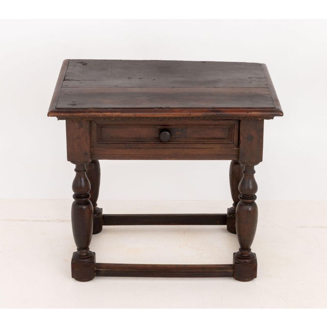 American Mahogany Work Table, with single drawer on four turned wood legs conjoined by box stretcher. 30" H x 33" W x...