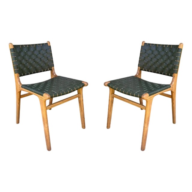 Pair Teak Wood Framed Chairs, With Woven Leather Seat For Sale