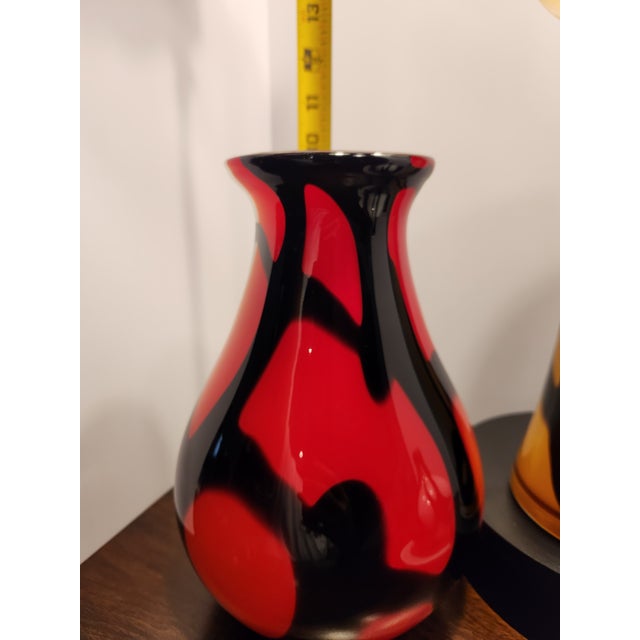1970s Vintage 1970s Italian Opaline Cased Glass Vase Set - Red, Amber & Black Swirl For Sale - Image 5 of 12