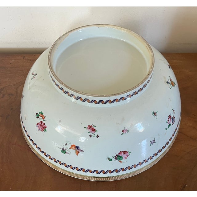 Large Antique 18th Century Chinese Export Famille Rose Porcelain Punch Bowl Decorated With Flowers, Fruit and Butterflies For Sale - Image 12 of 12