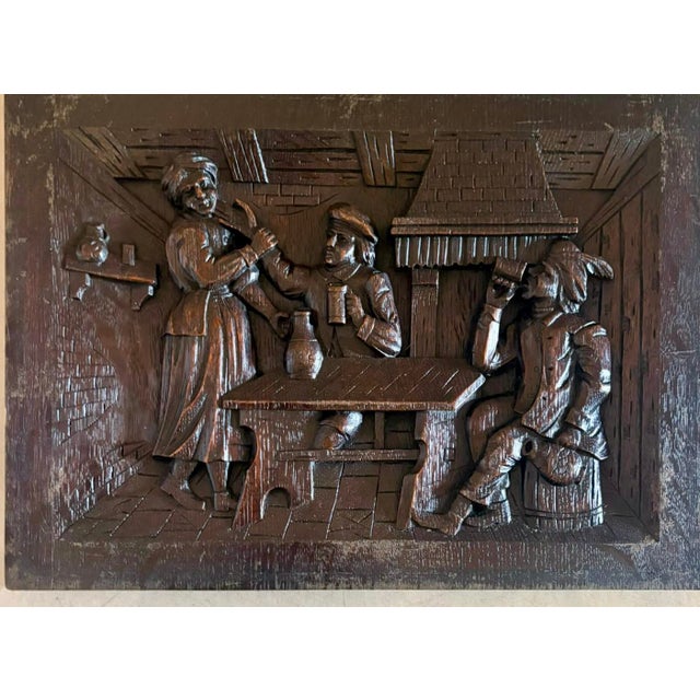 19th Century Antique Victorian Flemish Tavern Scene Wall Panels in Carved Oak, 1880, Set of 5 For Sale - Image 5 of 9