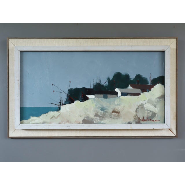 CLIFFSIDE BY THE SEA Size: 18.1 x 30.7 inches (including frame) Oil on canvas A soothing mid-century painting that...