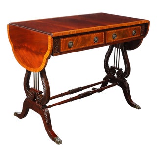 Edwardian Mahogany Writing Desk W/ Inlaid Exotic Wood Detailing & Bronze Pulls For Sale