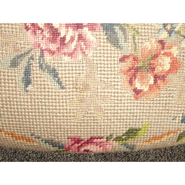 Tan Vintage French Country Tan Needlepoint Floral Tapestry on Oak Turned Legs For Sale - Image 8 of 13