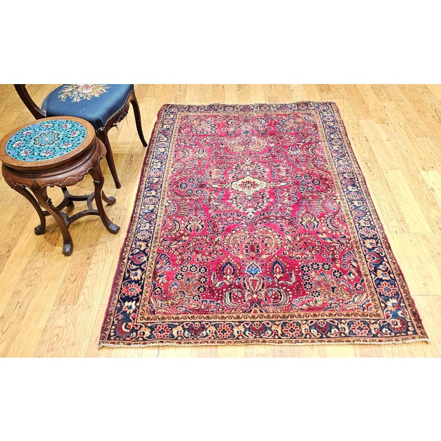 Red Antique Persian Sarouk Area Rug, Hand-Knotted Wool, Allover Floral Pattern, 4x6, Red & Navy For Sale - Image 8 of 17