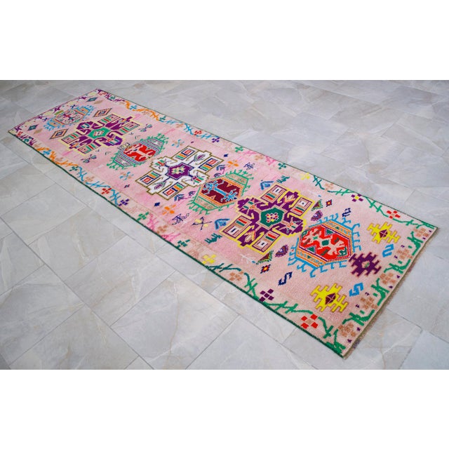 1970s Runner Rug Turkish Hand-Knotted Rug Pink Hallway Decor Kitchen Runner 3x10 Ft Approx For Sale - Image 17 of 18
